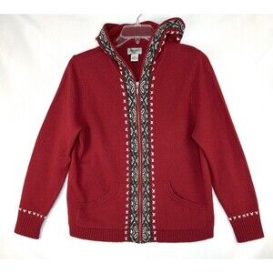 Eddie Bauer Collectibles Hooded Red Cardigan Full Zip Lambs Wool Stitched Sz XL